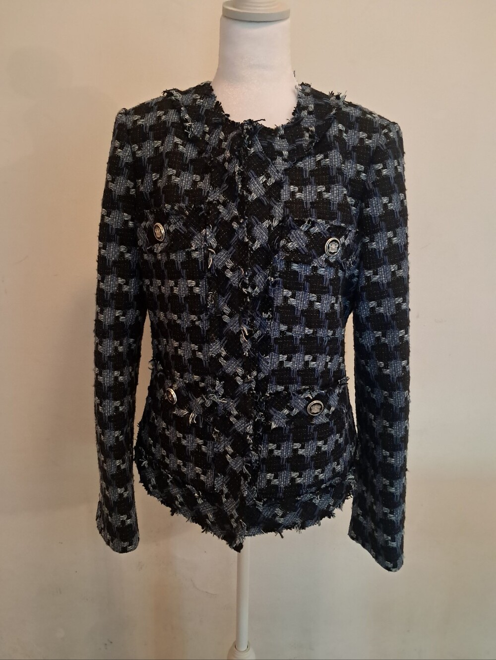 Elie Tahari Blazer Jacket Women's Medium M Blue Black Tweed Formal Office Career